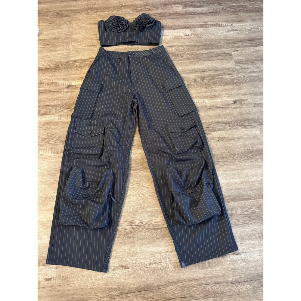 AFRM Parker Rosette Top Kiko Cargo Pants Set Pinstripe Size 29 M Grey Excellent
